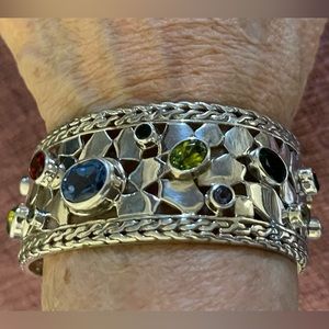 Bali Silver Cuff Bracelet with Precious Stones
